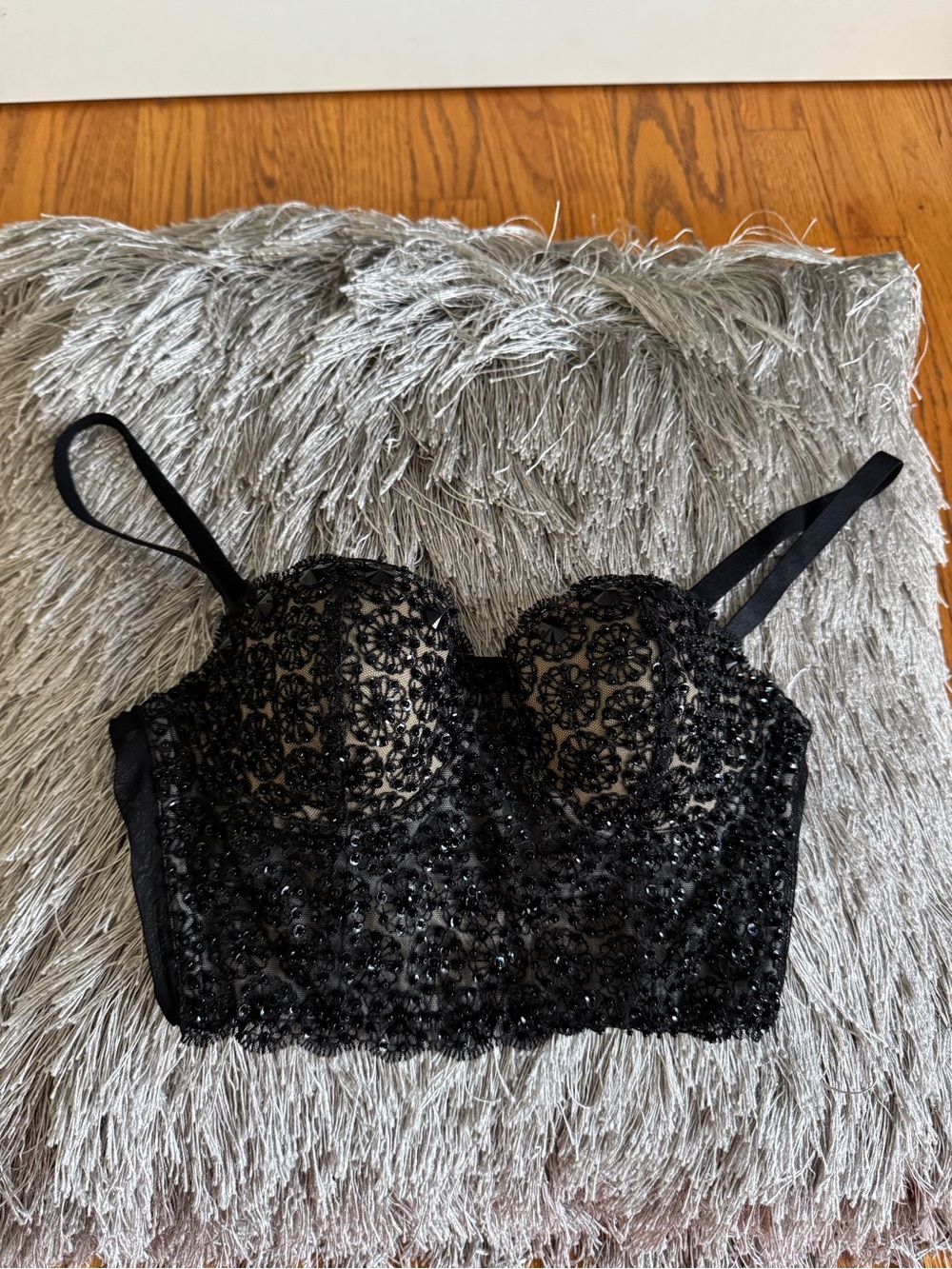 bebe Black Beaded Lace Bustier Bralette